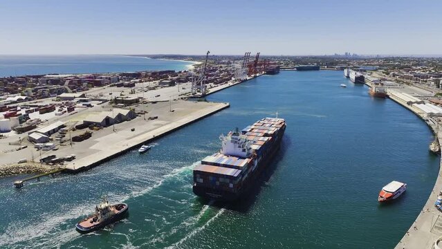 Aerial View of Freighter Entering Fremantle Port, Perth Western Australia