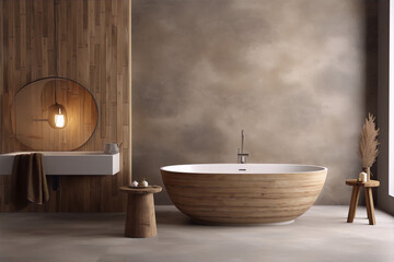 Bathroom interior with wooden bathtub, stool and round mirror, 3d render