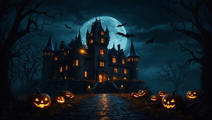 A dark background haunted mansion with a castle and a full moon