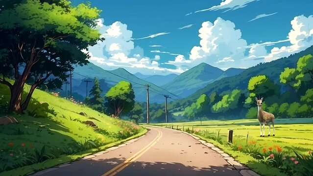 A beautiful roadside animation in a mountainous area with various animals, at sunrise.. Seamless looping 4k time-lapse animation video background