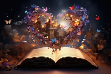 Open book and butterflies textured abstract background