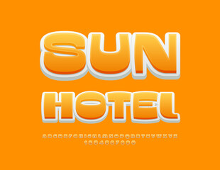 Vector travel banner Sun Hotel. Cool Yellow Font. Modern Artistic Alphabet Letters set. 