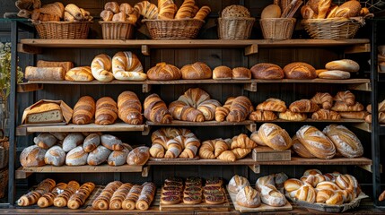 Meticulous display of breads, croissants, and rolls, each shelf a testament to bakery art