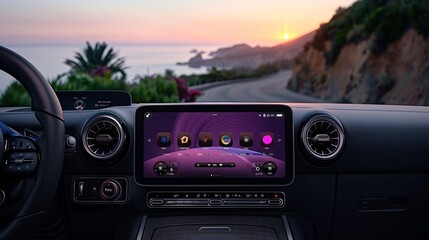 an image showcasing the interface of a car stereo with both Apple CarPlay and Android Auto, with a...