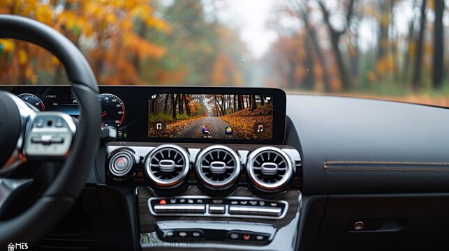 an image showcasing the interface of a car stereo with both Apple CarPlay and Android Auto, with a minimalist aesthetic and bright backdrop