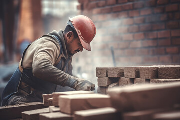 Skilled Worker Laying Bricks at Construction Site