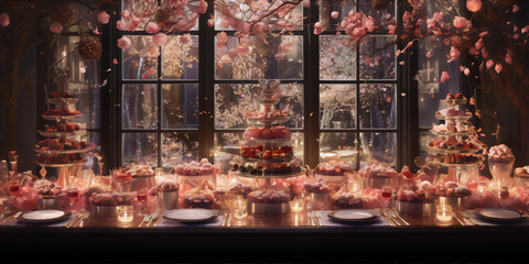 Pink and white flowers and sweets on a table with a window in the background. - obrazy, fototapety, plakaty