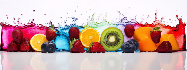 Colorful juicy fruits with water splash isolated on white background - obrazy, fototapety, plakaty
