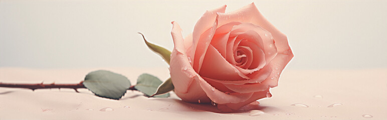 A pink rose with water drops on a beige background in a close-up view - obrazy, fototapety, plakaty