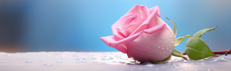 Single pink rose on a blue background with water drops in the foreground