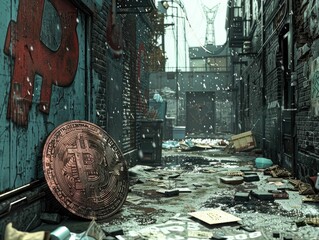 Satirical artwork of a bitcoin lying in a trashy alley, a commentary on the skepticism surrounding the stability of digital currencies - obrazy, fototapety, plakaty