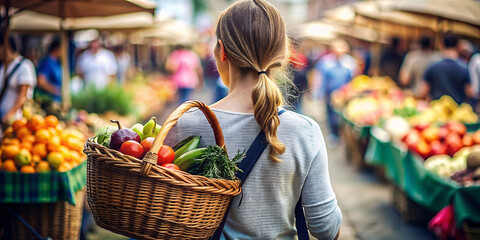 Young woman shopping at a farmer's market, visibly carrying a basket in her arms with fresh local organic fruit and colorful vegetables
