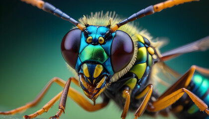 Close up of a bug with a blue and green face portrait of an alien insect