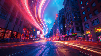 Neon light trail forms a dynamic abstract ribbon darting through a teeming city street under the night sky. City background. - obrazy, fototapety, plakaty