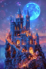 Enchanted moon castle vibrant fantasy elements closeup glowing astral lights