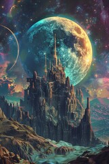Vibrant fantasy castle on the moon wide lens radiant in cosmic landscape - obrazy, fototapety, plakaty