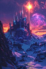 Vibrant fantasy castle on the moon wide lens radiant in cosmic landscape - obrazy, fototapety, plakaty