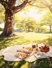 Fototapeta na wymiar Picnic in the park with a bottle of wine, cheese, bread, and fruit under a large tree with a white tablecloth on the green grass