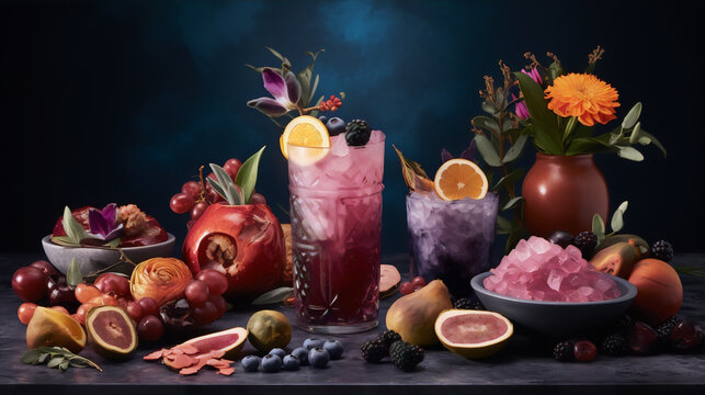 Still life photography of colorful cocktails with various fruits and flowers in the background.