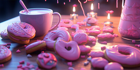 Pink and purple donuts and coffee cup on a wooden table with candles and pink flowers. - obrazy, fototapety, plakaty