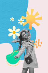 Vertical image collage of pretty cheerful girl arm touch cap go date spring warm chamomile sun isolated on painting background