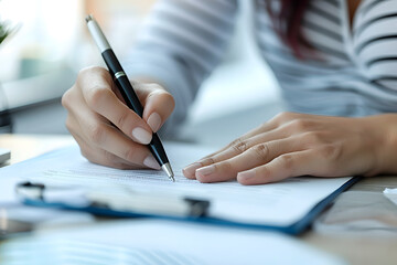 a person's hands drafting a business proposal or contract with a pen and paper, illustrating the traditional approach to documentation and negotiation in business transactions - obrazy, fototapety, plakaty