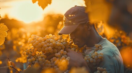 Gardener analyzing grapevines, holding clusters of grapes, captured during sunset