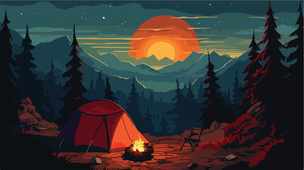 Vector Flat Night Camping in Mountains Burning 