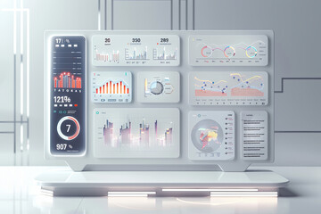 A 3D dashboard displays various data, charts and report