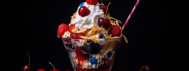 Colorful dessert sundae with whipped cream and berries.