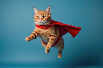 Superhero cat, cute orange cat wearing a red cape and mask, jumping and flying with a plain blue background
