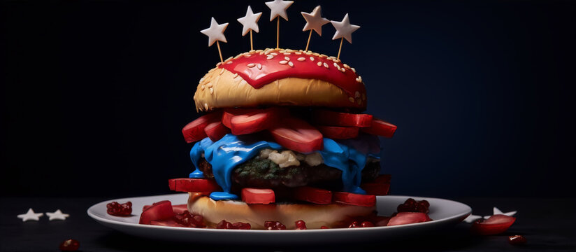 A photo of a hamburger with red and blue frosting and garnishes on a white plate with a black background.
