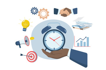 Time management planning concept, Corporate schedule management, Businessman plans organized work on schedule, with big alarm clock. Vector design illustration.
