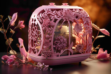 An advanced 3D printer creating intricate objects against a solid pink surface.