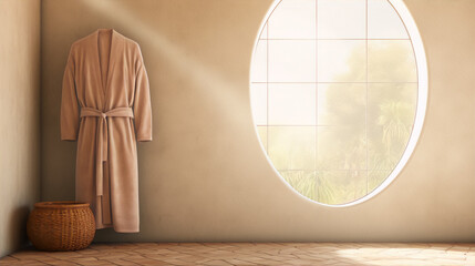 3D rendering of a bathrobe hanging on a hook next to a round window with a view of nature