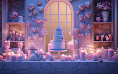 3D rendering of a wedding cake with pink and blue decorations in a romantic setting.