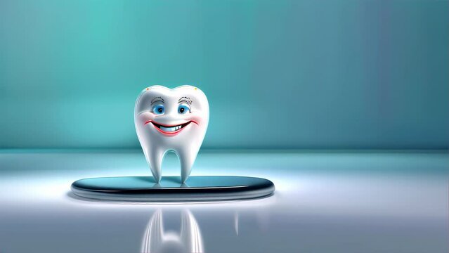 A cheerful anthropomorphic tooth character standing on a smartphone, representing dental health and technology in a light-hearted way