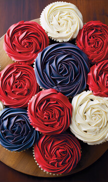 A close-up image of red, white and blue frosted cupcakes arranged on a wooden surface.