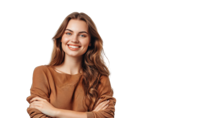 Portrait of young beautiful cute cheerful girl smiling looking at camera. PNG file of isolated cutout object on transparent background.