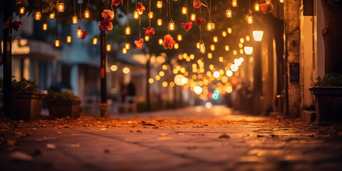 Street with garlands in evening, blurred background. City, town backdrop.