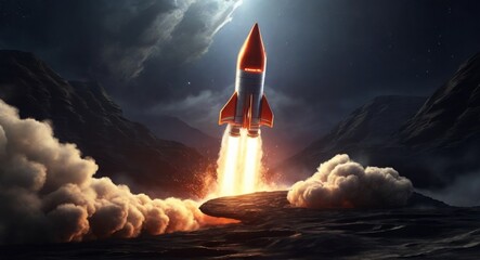 Rocket takes off in the starry sky. Spaceship begins the mission. Space shuttle taking off on a mission.