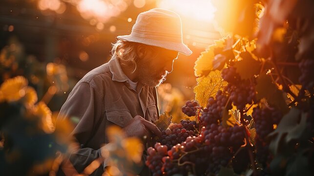 Gardener analyzing grapevines, holding clusters of grapes, captured during sunset