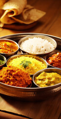 Indian thali platter, colorful curries, rice, and naan.
