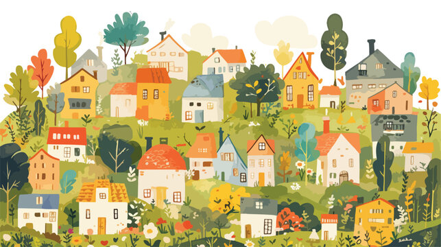 Watercolor illustration little houses background 