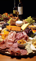 A large platter of cheeses, meats, and fruits. A gourmet spread.
