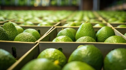The highest grade avocados are packed in boxes ready to be exported abroad. - obrazy, fototapety, plakaty