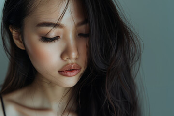 jeune femme brune aux cheveux long d'origine asiatique en gros plan sur fond uni - obrazy, fototapety, plakaty