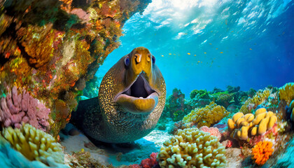 Close-up of a giant moray eel coming out of its den in a vibrant coral reef. Generative Ai. - obrazy, fototapety, plakaty