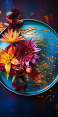Artistic photography of colorful flowers on a blue plate with a dark blue background.