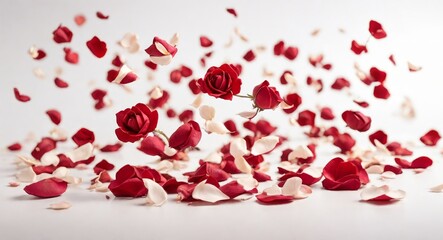 Red rose petals scattered on the floor. Isolated white background